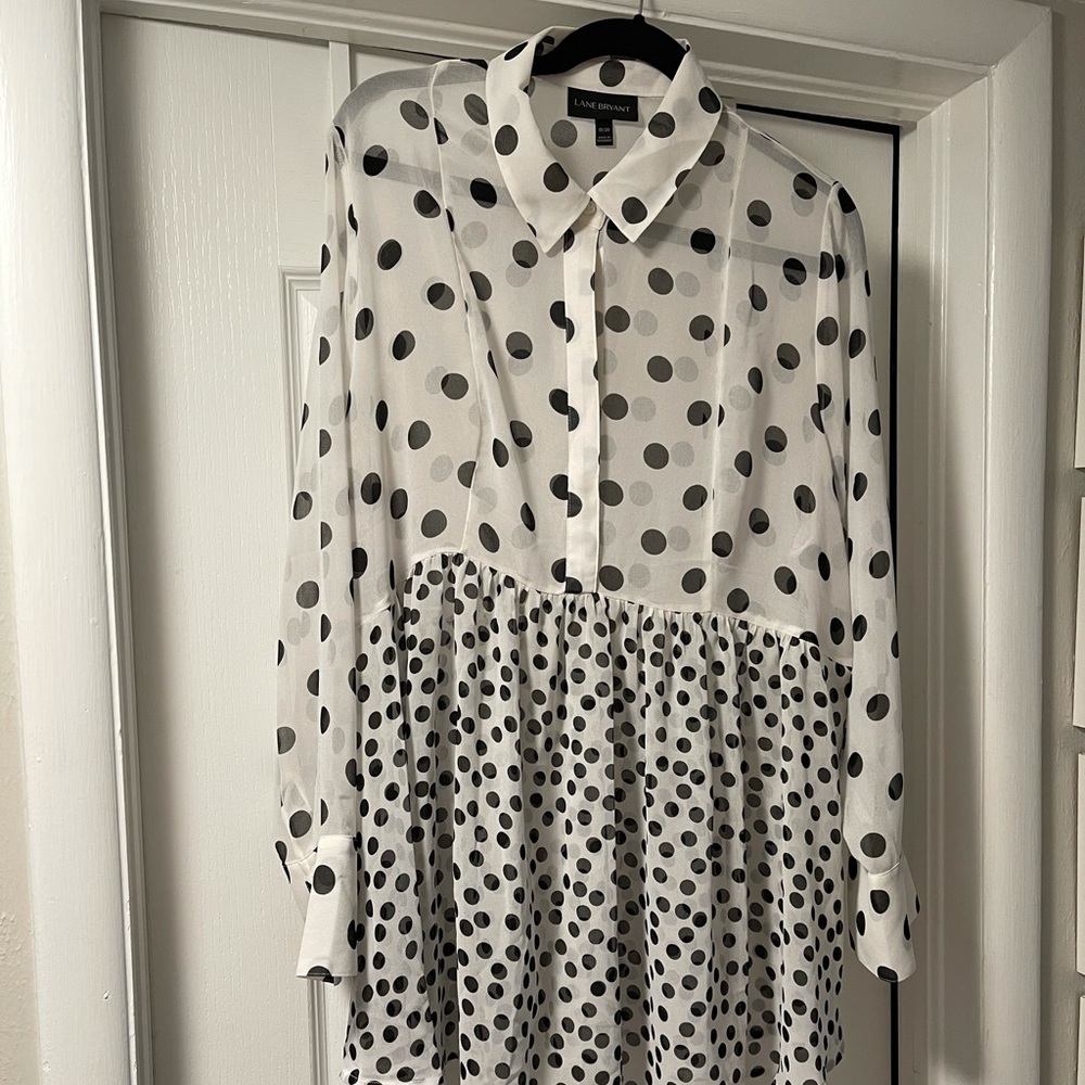 Sheer button up with ruffle for flattering fit